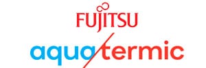 Logotipo de Fujitsu con el logotipo de la gama de aerotermia Fujitsu AquaTermic