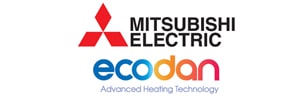 Imagotipo de Mitsubishi Electric con el logotipo de la gama de aerotermia Mitsubishi Ecodan
