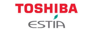 Logotipo de Toshiba con el logotipo de la gama de aerotermia Toshiba Estía